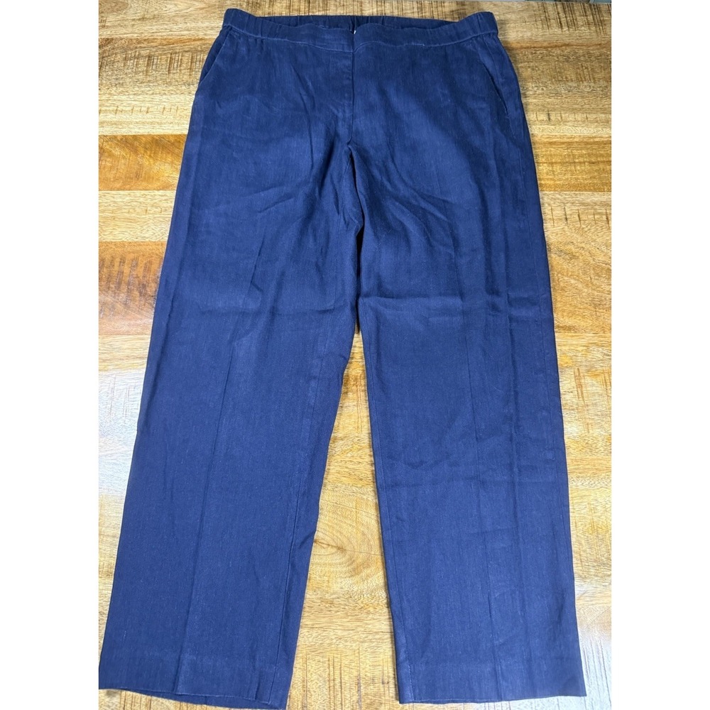 Linen Stretch Pants Womens Medium Navy Blue Pull On Cropped Linen Blend